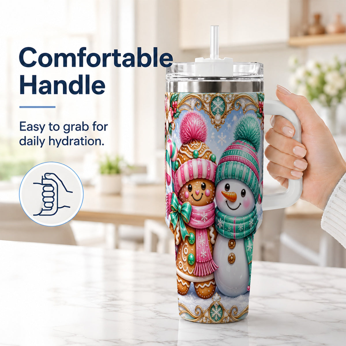 #pl[40oz|White] Gingerbread Snowman 40oz Tumbler with Handle, Candy Cane Travel Cup