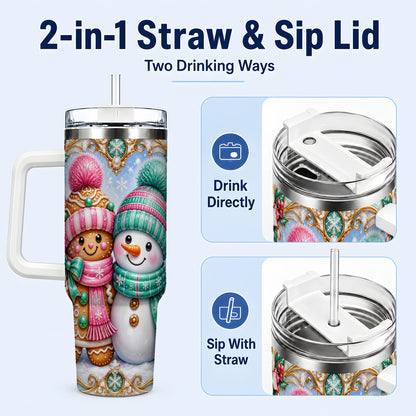 #pl[40oz|White] Gingerbread Snowman 40oz Tumbler with Handle, Candy Cane Travel Cup