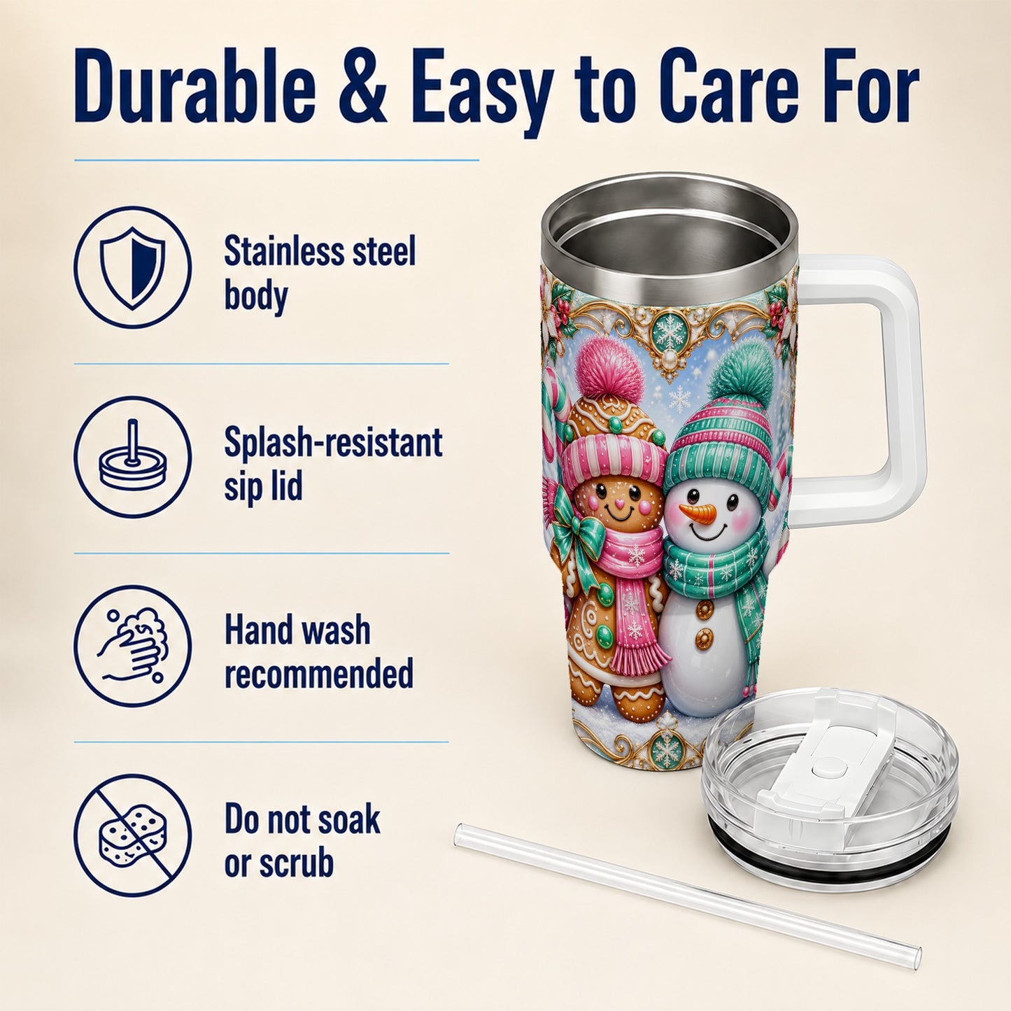 #pl[40oz|White] Gingerbread Snowman 40oz Tumbler with Handle, Candy Cane Travel Cup