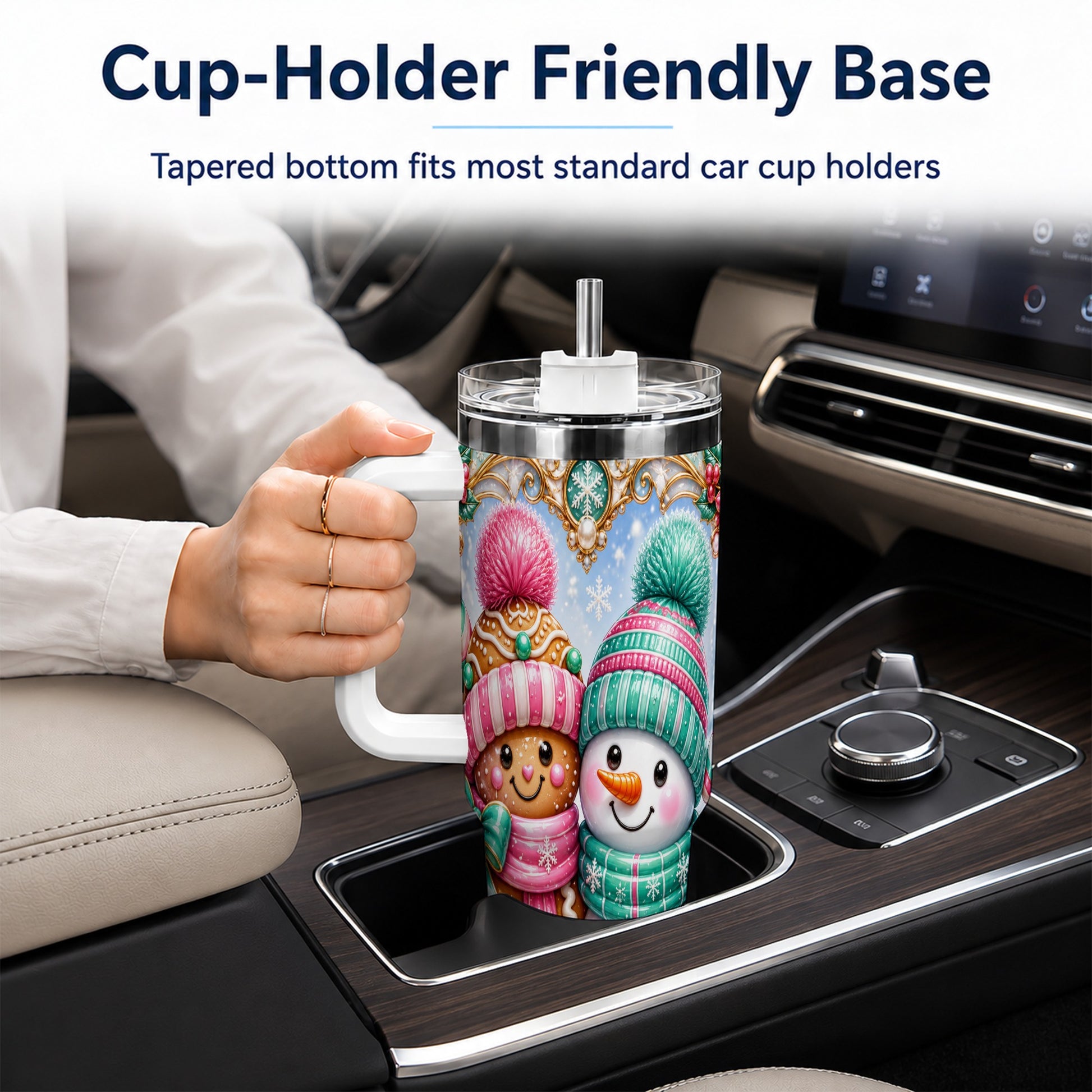 #pl[40oz|White] Gingerbread Snowman 40oz Tumbler with Handle, Candy Cane Travel Cup