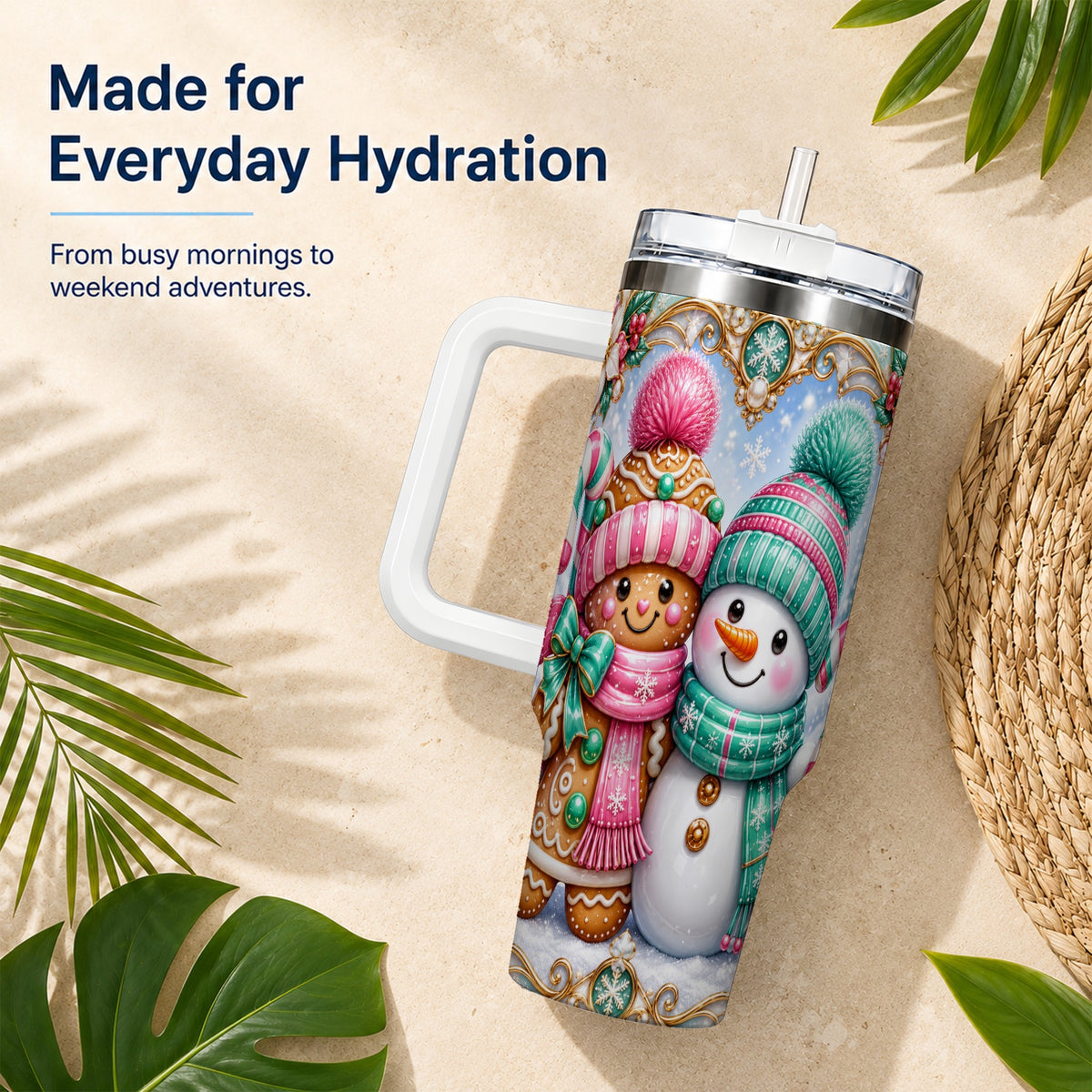 #pl[40oz|White] Gingerbread Snowman 40oz Tumbler with Handle, Candy Cane Travel Cup
