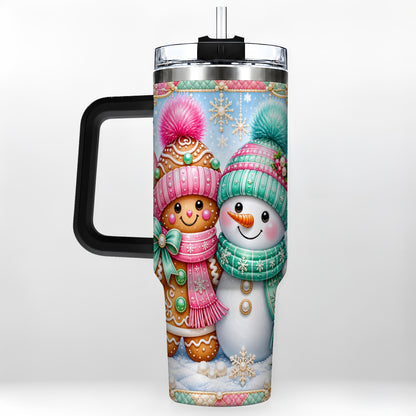 #pl[40oz|Black] Gingerbread Snowman 40oz Tumbler with Handle, Pastel Winter Travel Cup