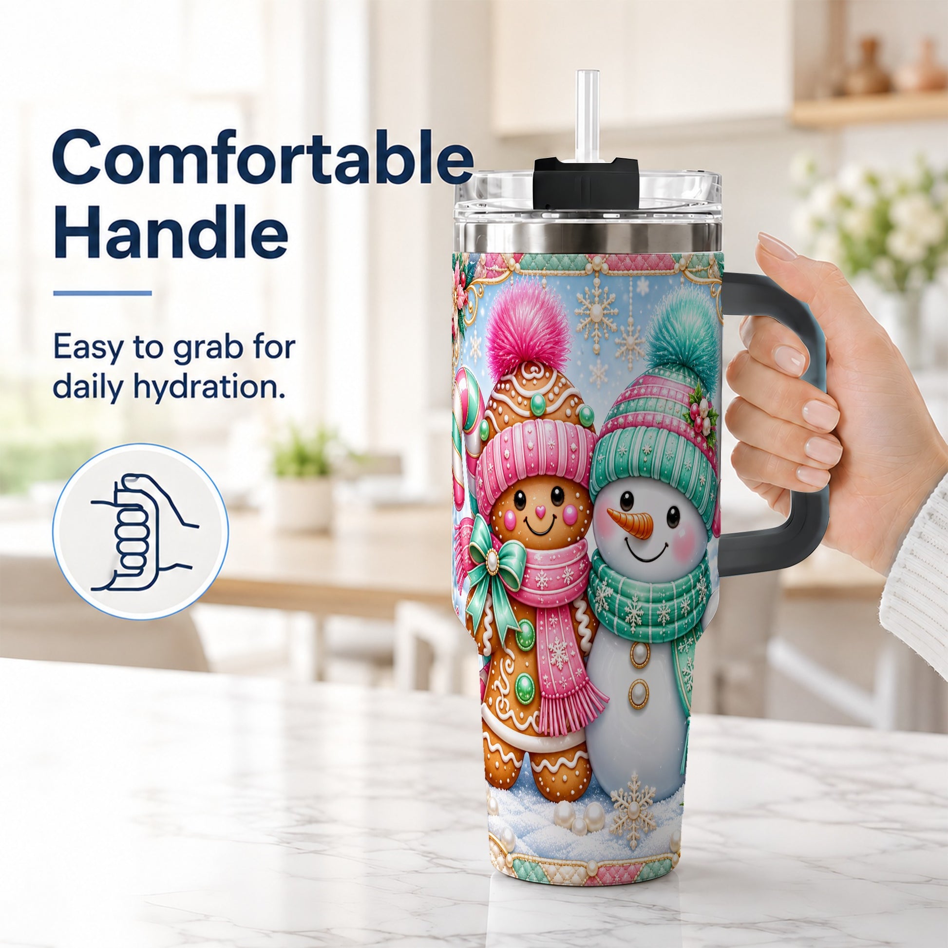 #pl[40oz|Black] Gingerbread Snowman 40oz Tumbler with Handle, Pastel Winter Travel Cup