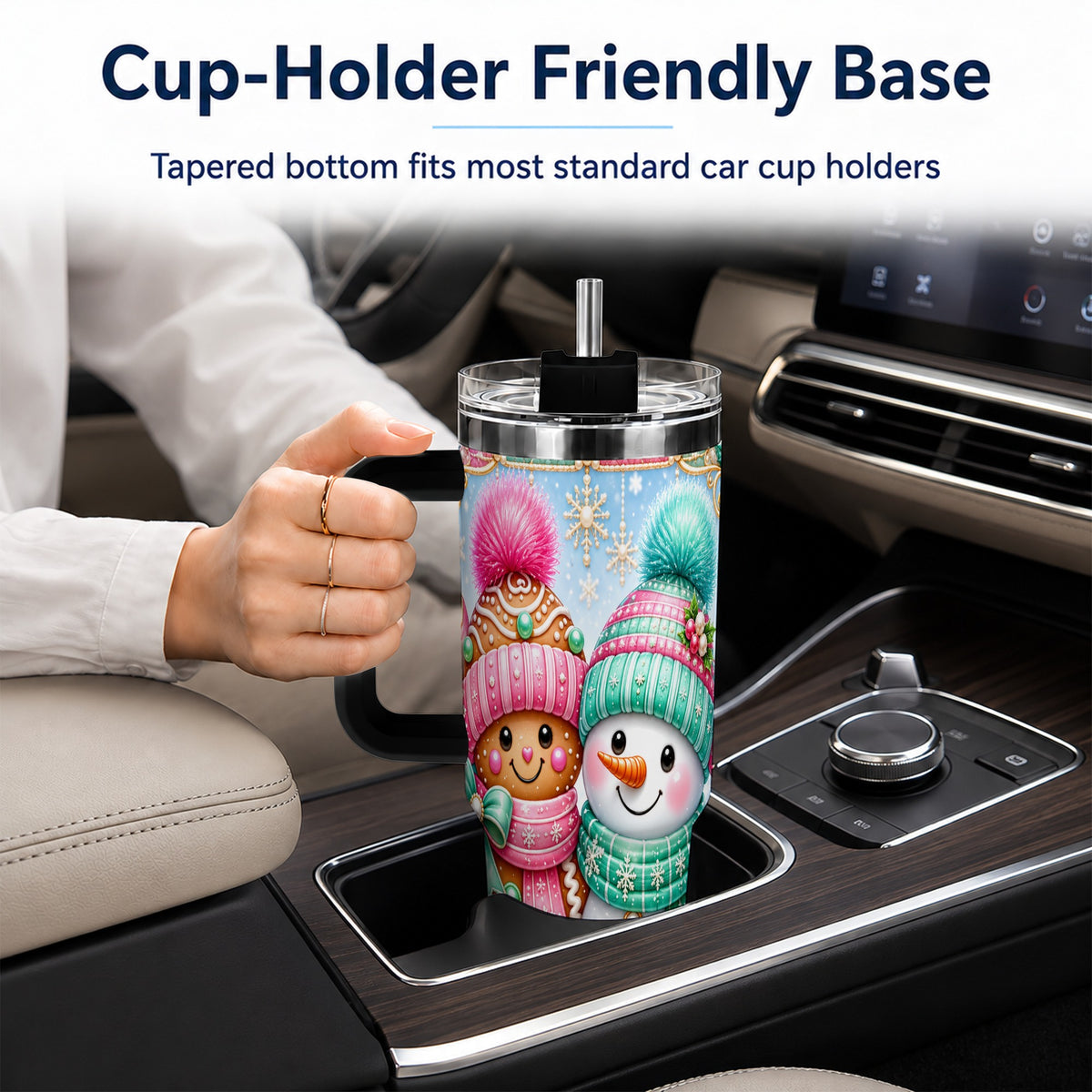 #pl[40oz|Black] Gingerbread Snowman 40oz Tumbler with Handle, Pastel Winter Travel Cup