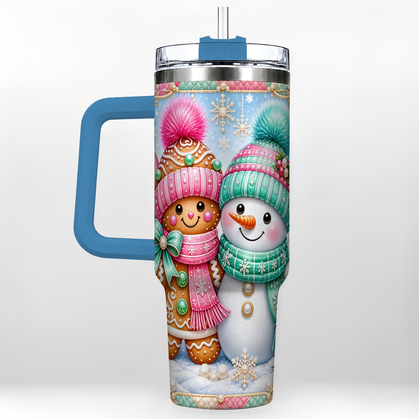 #pl[40oz|Blue] Gingerbread Snowman 40oz Tumbler with Handle, Pastel Winter Travel Cup