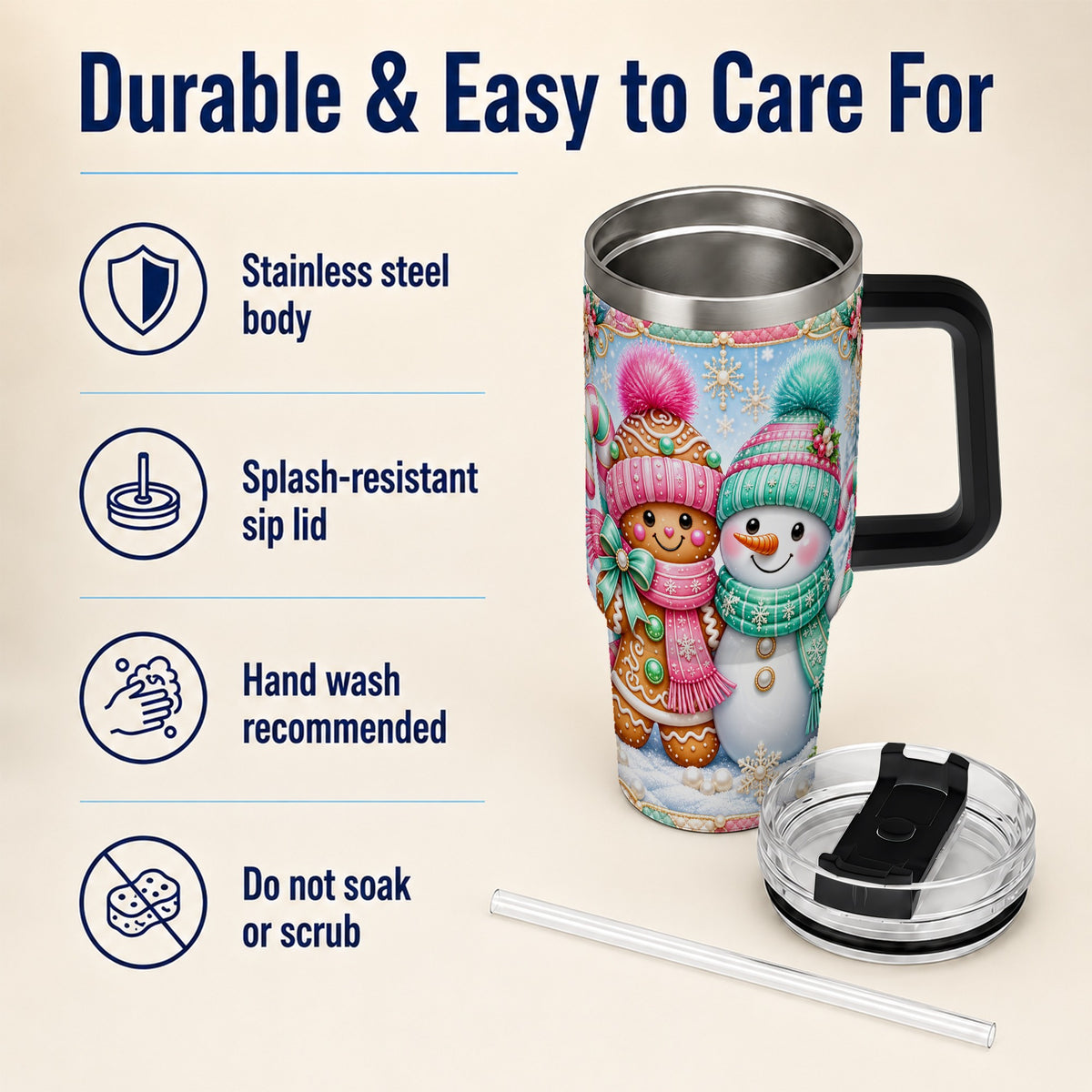 #pl[40oz|Black] Gingerbread Snowman 40oz Tumbler with Handle, Pastel Winter Travel Cup