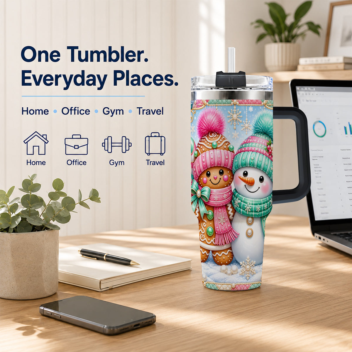 #pl[40oz|Black] Gingerbread Snowman 40oz Tumbler with Handle, Pastel Winter Travel Cup