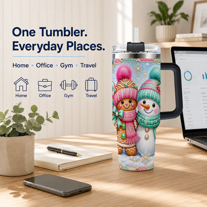 #pl[40oz|Black] Gingerbread Snowman 40oz Tumbler with Handle, Pastel Winter Travel Cup