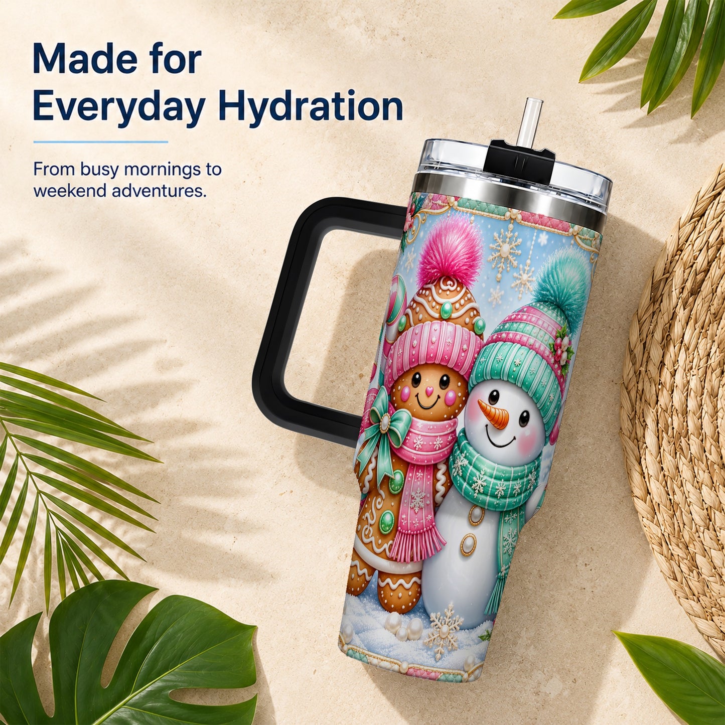 #pl[40oz|Black] Gingerbread Snowman 40oz Tumbler with Handle, Pastel Winter Travel Cup