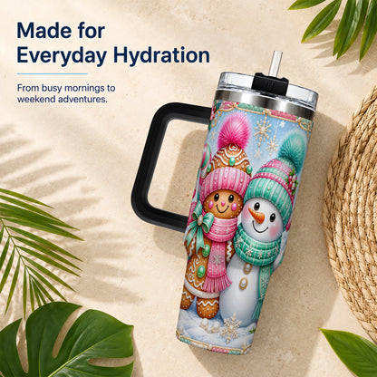 #pl[40oz|Black] Gingerbread Snowman 40oz Tumbler with Handle, Pastel Winter Travel Cup