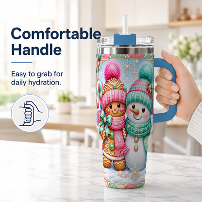 #pl[40oz|Blue] Gingerbread Snowman 40oz Tumbler with Handle, Pastel Winter Travel Cup