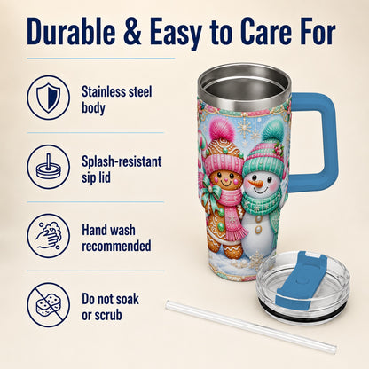 #pl[40oz|Blue] Gingerbread Snowman 40oz Tumbler with Handle, Pastel Winter Travel Cup