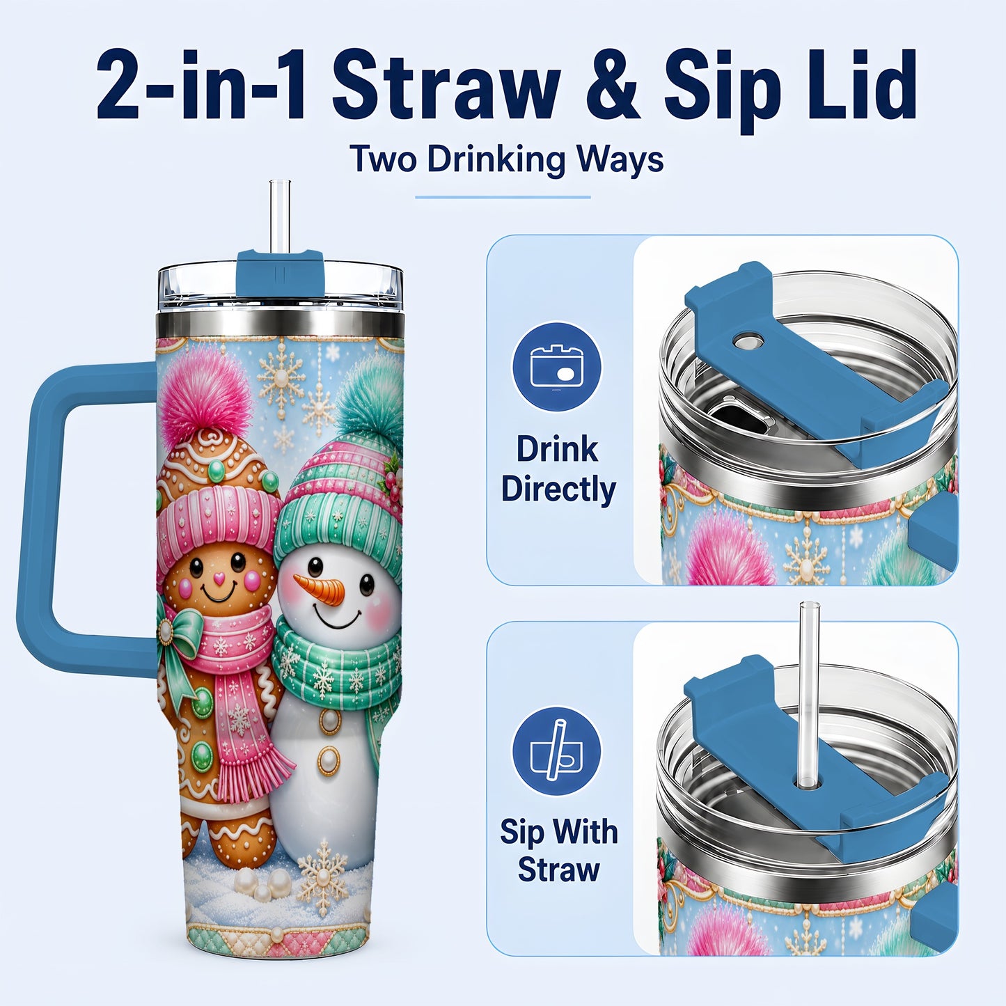 #pl[40oz|Blue] Gingerbread Snowman 40oz Tumbler with Handle, Pastel Winter Travel Cup