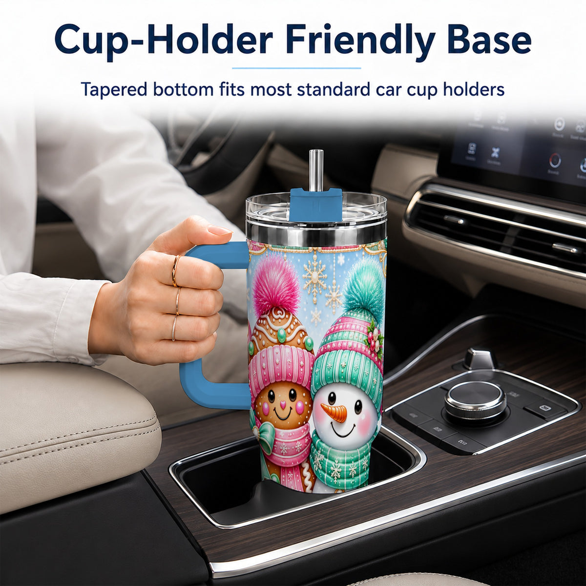 #pl[40oz|Blue] Gingerbread Snowman 40oz Tumbler with Handle, Pastel Winter Travel Cup