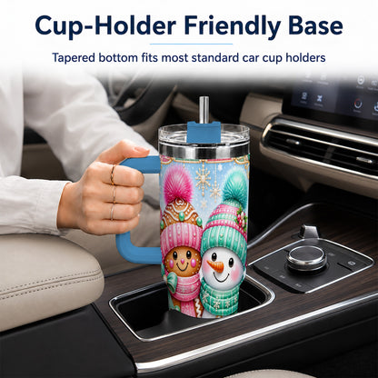 #pl[40oz|Blue] Gingerbread Snowman 40oz Tumbler with Handle, Pastel Winter Travel Cup