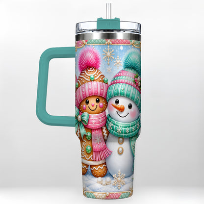 #pl[40oz|Green] Gingerbread Snowman 40oz Tumbler with Handle, Pastel Winter Travel Cup