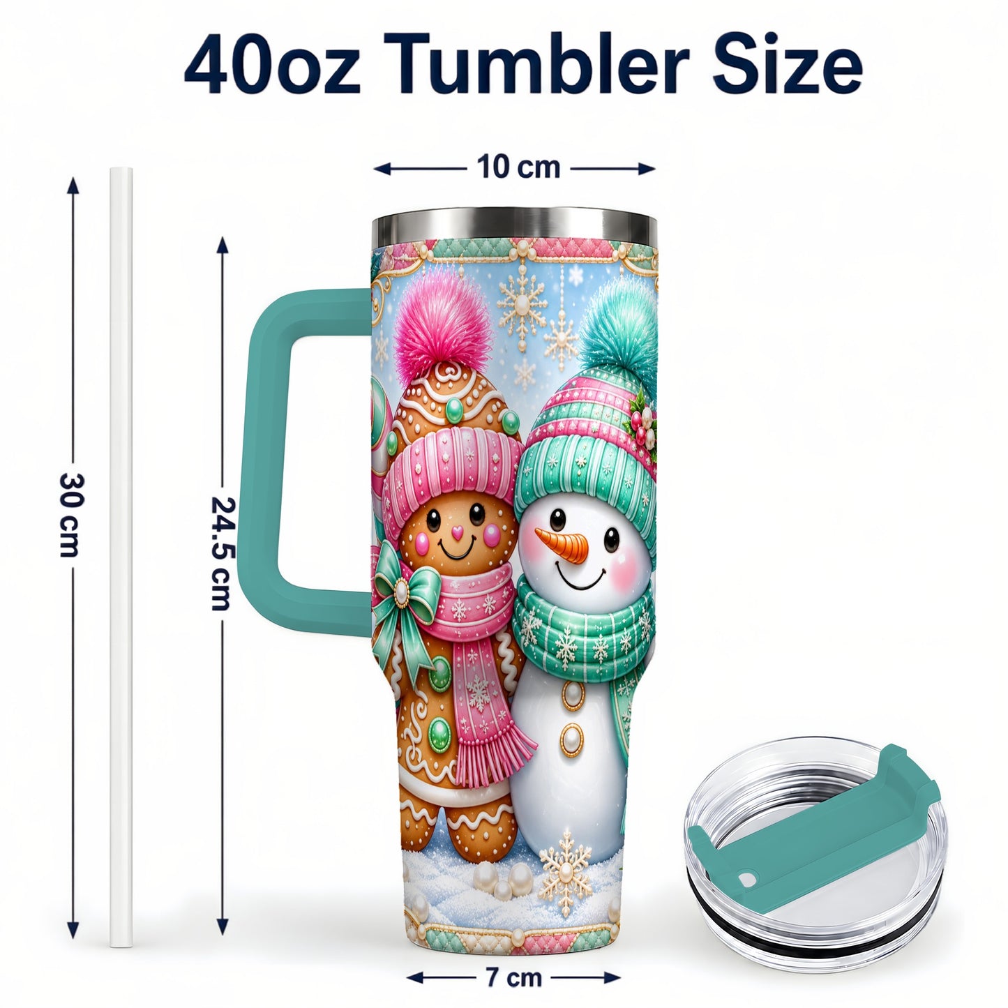#pl[40oz|Green] Gingerbread Snowman 40oz Tumbler with Handle, Pastel Winter Travel Cup