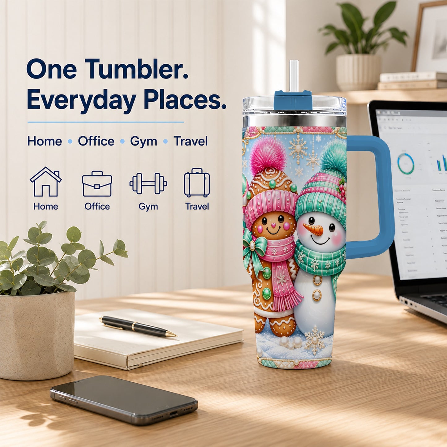 #pl[40oz|Blue] Gingerbread Snowman 40oz Tumbler with Handle, Pastel Winter Travel Cup
