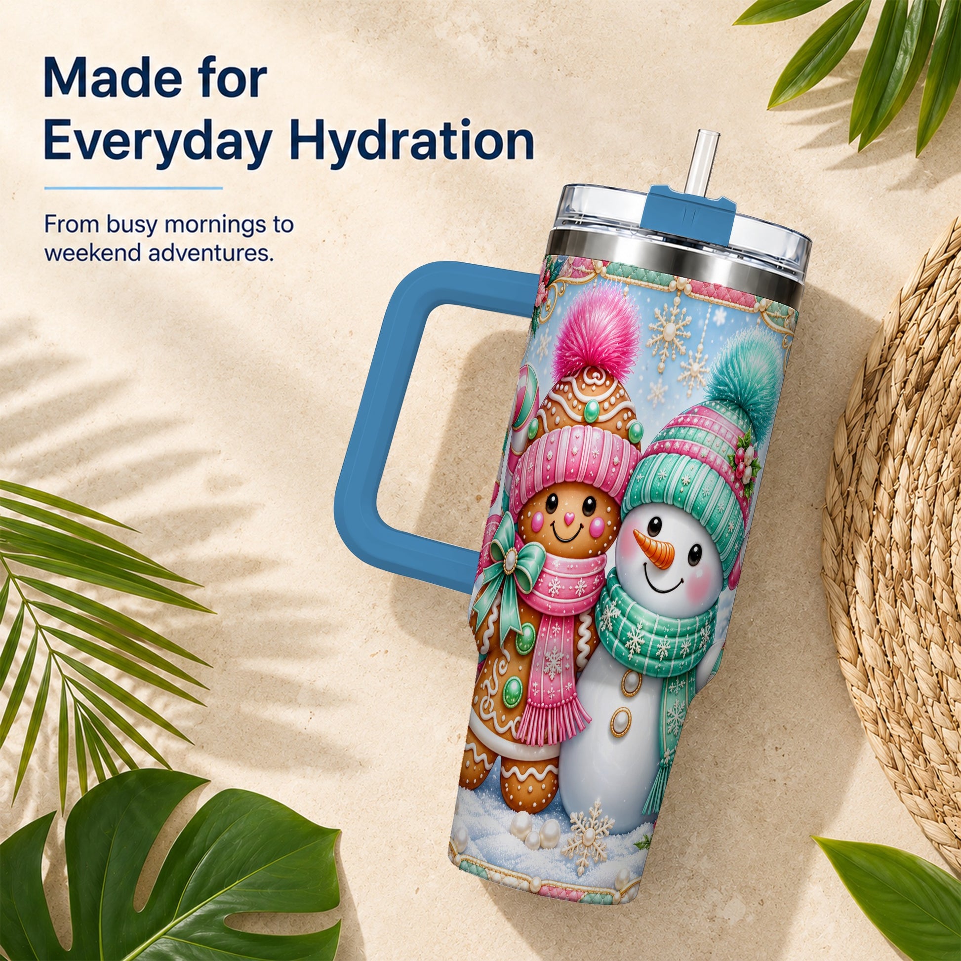 #pl[40oz|Blue] Gingerbread Snowman 40oz Tumbler with Handle, Pastel Winter Travel Cup