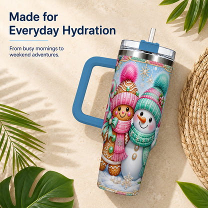 #pl[40oz|Blue] Gingerbread Snowman 40oz Tumbler with Handle, Pastel Winter Travel Cup