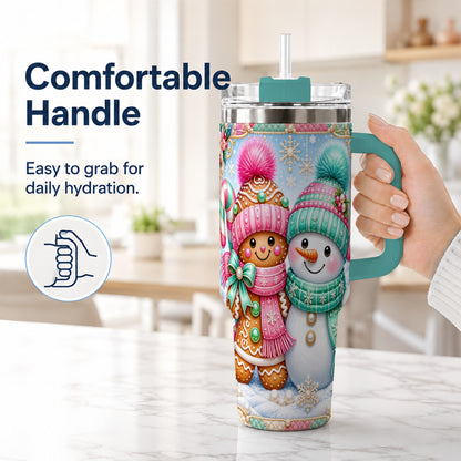 #pl[40oz|Green] Gingerbread Snowman 40oz Tumbler with Handle, Pastel Winter Travel Cup