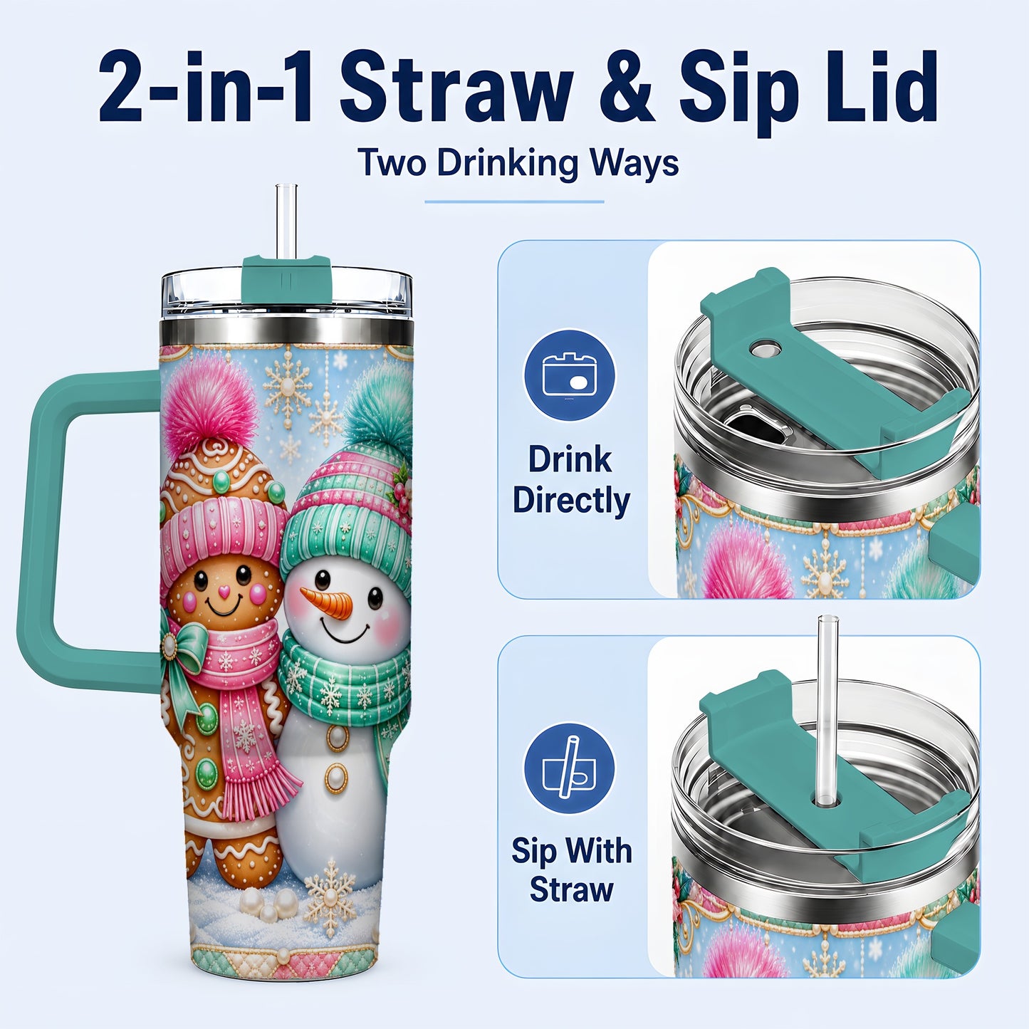 #pl[40oz|Green] Gingerbread Snowman 40oz Tumbler with Handle, Pastel Winter Travel Cup