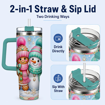 #pl[40oz|Green] Gingerbread Snowman 40oz Tumbler with Handle, Pastel Winter Travel Cup