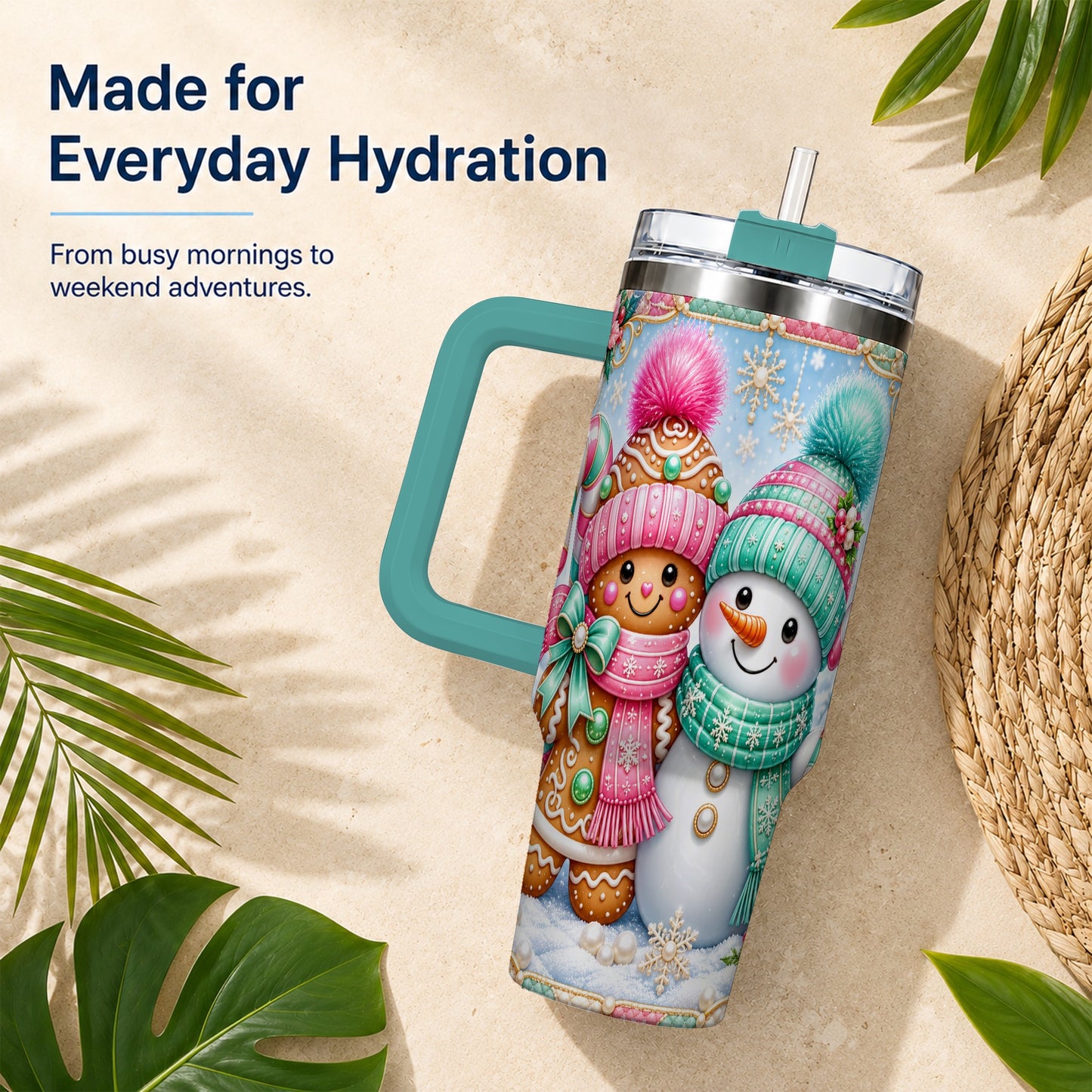 #pl[40oz|Green] Gingerbread Snowman 40oz Tumbler with Handle, Pastel Winter Travel Cup