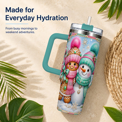 #pl[40oz|Green] Gingerbread Snowman 40oz Tumbler with Handle, Pastel Winter Travel Cup