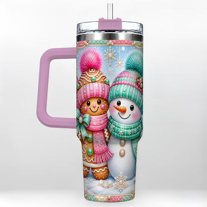 #pl[40oz|Pink] Gingerbread Snowman 40oz Tumbler with Handle, Pastel Winter Travel Cup