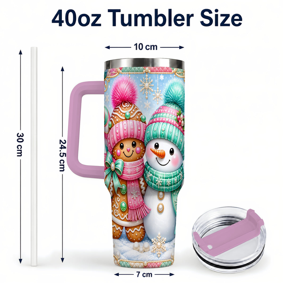#pl[40oz|Pink] Gingerbread Snowman 40oz Tumbler with Handle, Pastel Winter Travel Cup