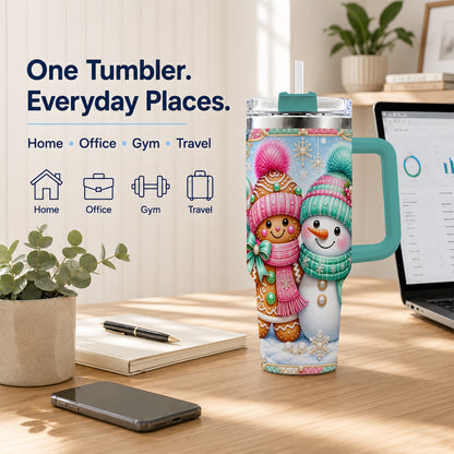 #pl[40oz|Green] Gingerbread Snowman 40oz Tumbler with Handle, Pastel Winter Travel Cup