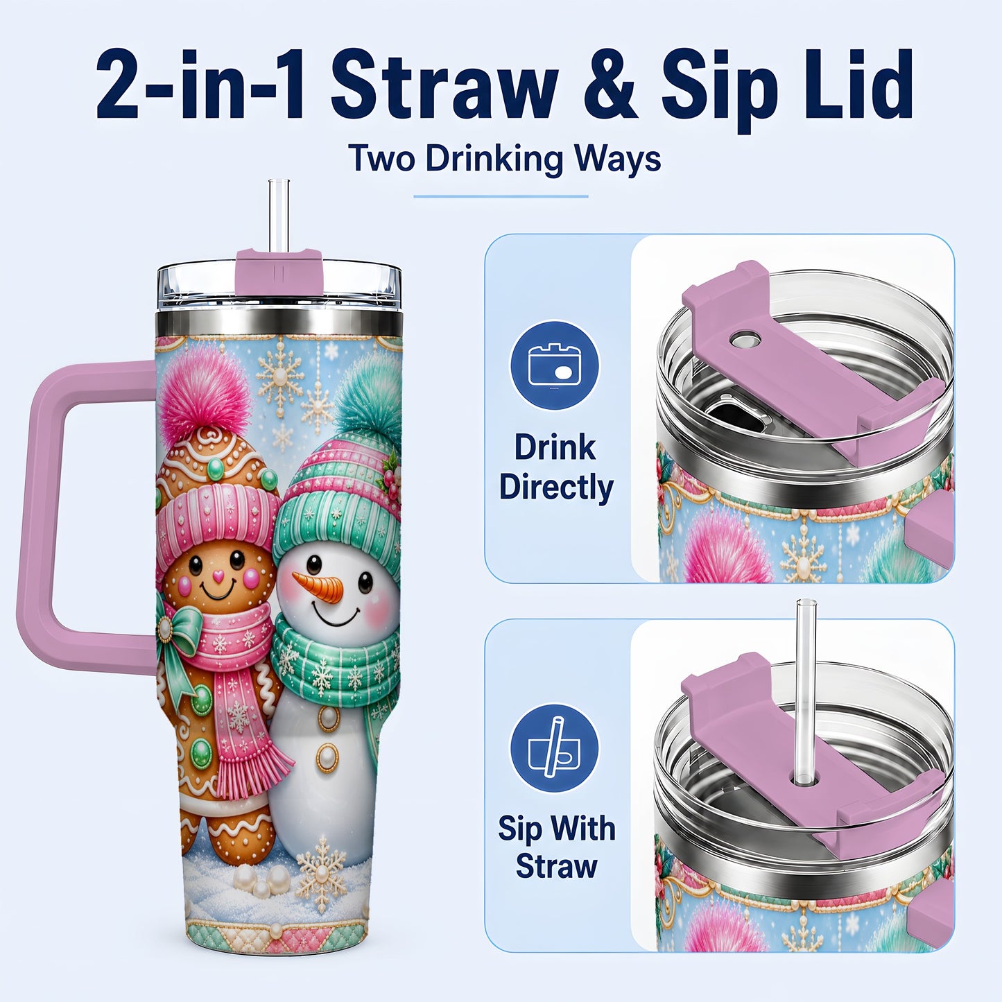 #pl[40oz|Pink] Gingerbread Snowman 40oz Tumbler with Handle, Pastel Winter Travel Cup