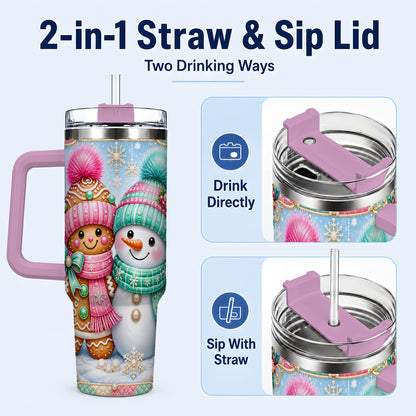 #pl[40oz|Pink] Gingerbread Snowman 40oz Tumbler with Handle, Pastel Winter Travel Cup