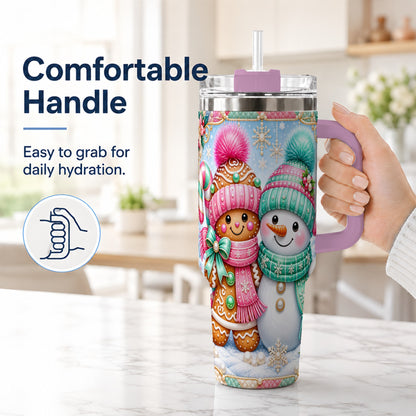 #pl[40oz|Pink] Gingerbread Snowman 40oz Tumbler with Handle, Pastel Winter Travel Cup