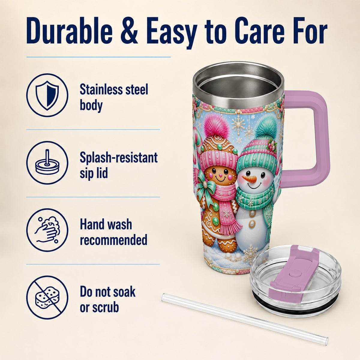 #pl[40oz|Pink] Gingerbread Snowman 40oz Tumbler with Handle, Pastel Winter Travel Cup