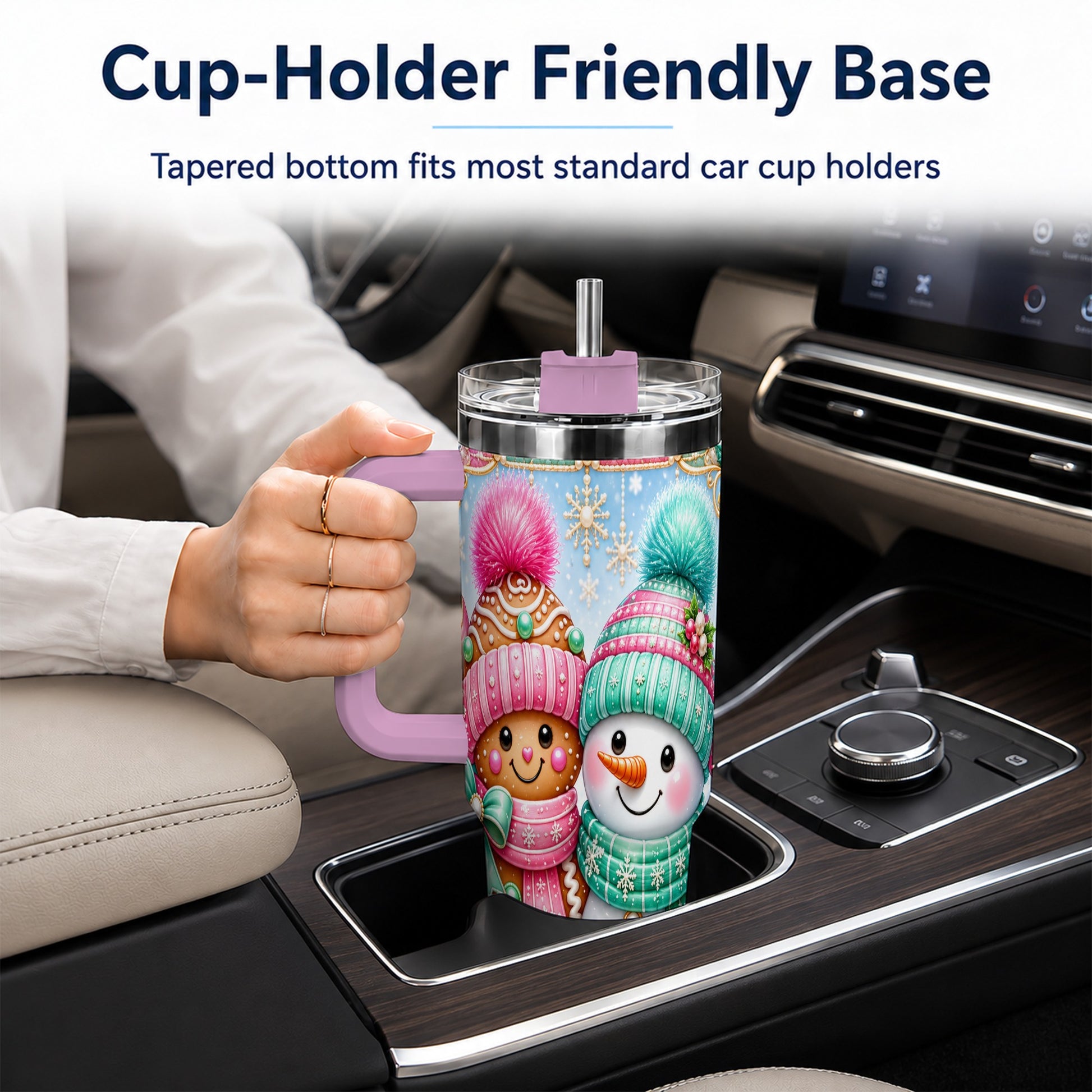 #pl[40oz|Pink] Gingerbread Snowman 40oz Tumbler with Handle, Pastel Winter Travel Cup