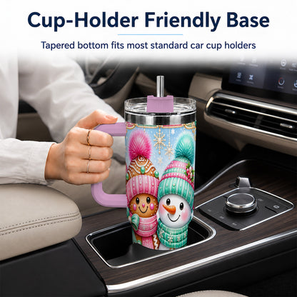 #pl[40oz|Pink] Gingerbread Snowman 40oz Tumbler with Handle, Pastel Winter Travel Cup