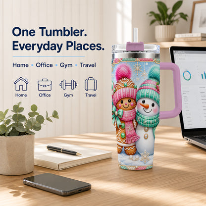 #pl[40oz|Pink] Gingerbread Snowman 40oz Tumbler with Handle, Pastel Winter Travel Cup
