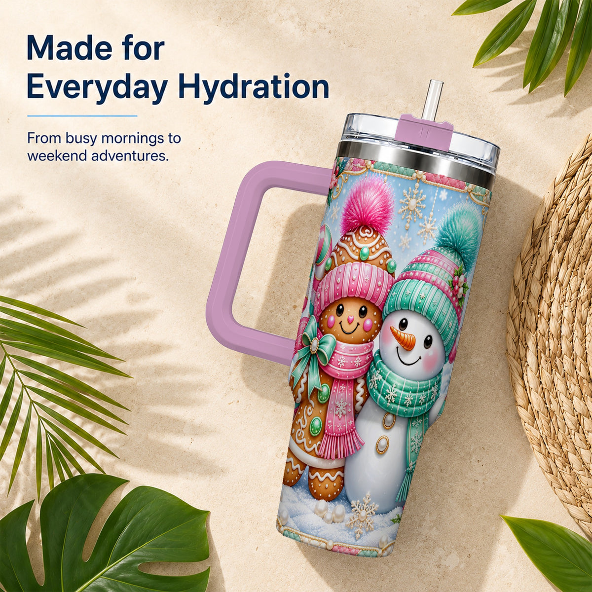 #pl[40oz|Pink] Gingerbread Snowman 40oz Tumbler with Handle, Pastel Winter Travel Cup