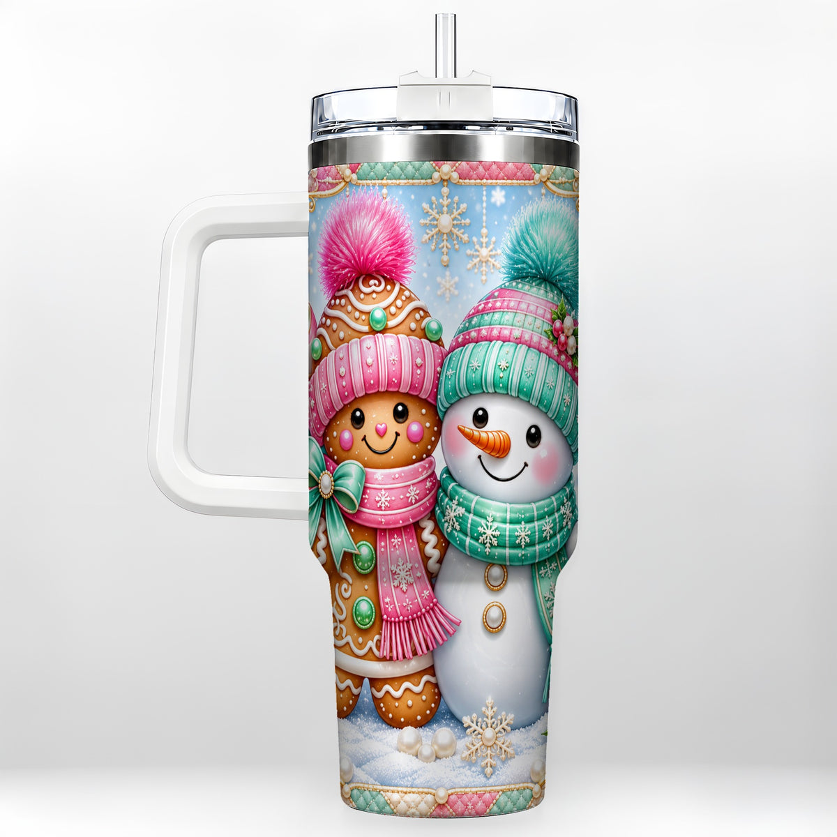 Gingerbread Snowman 40oz Tumbler with Handle, Pastel Winter Travel Cup