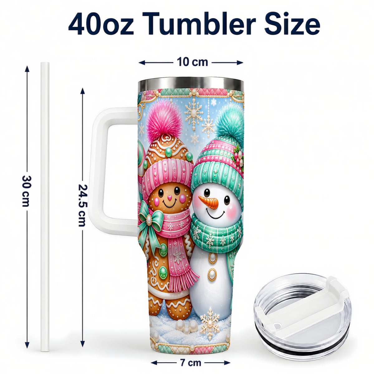 #pl[40oz|White] Gingerbread Snowman 40oz Tumbler with Handle, Pastel Winter Travel Cup