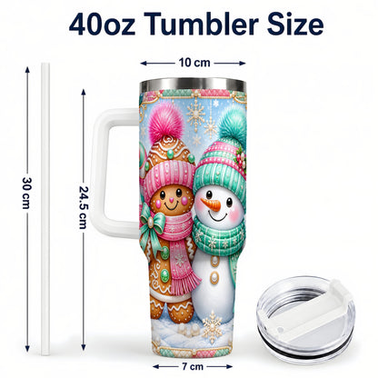 #pl[40oz|White] Gingerbread Snowman 40oz Tumbler with Handle, Pastel Winter Travel Cup