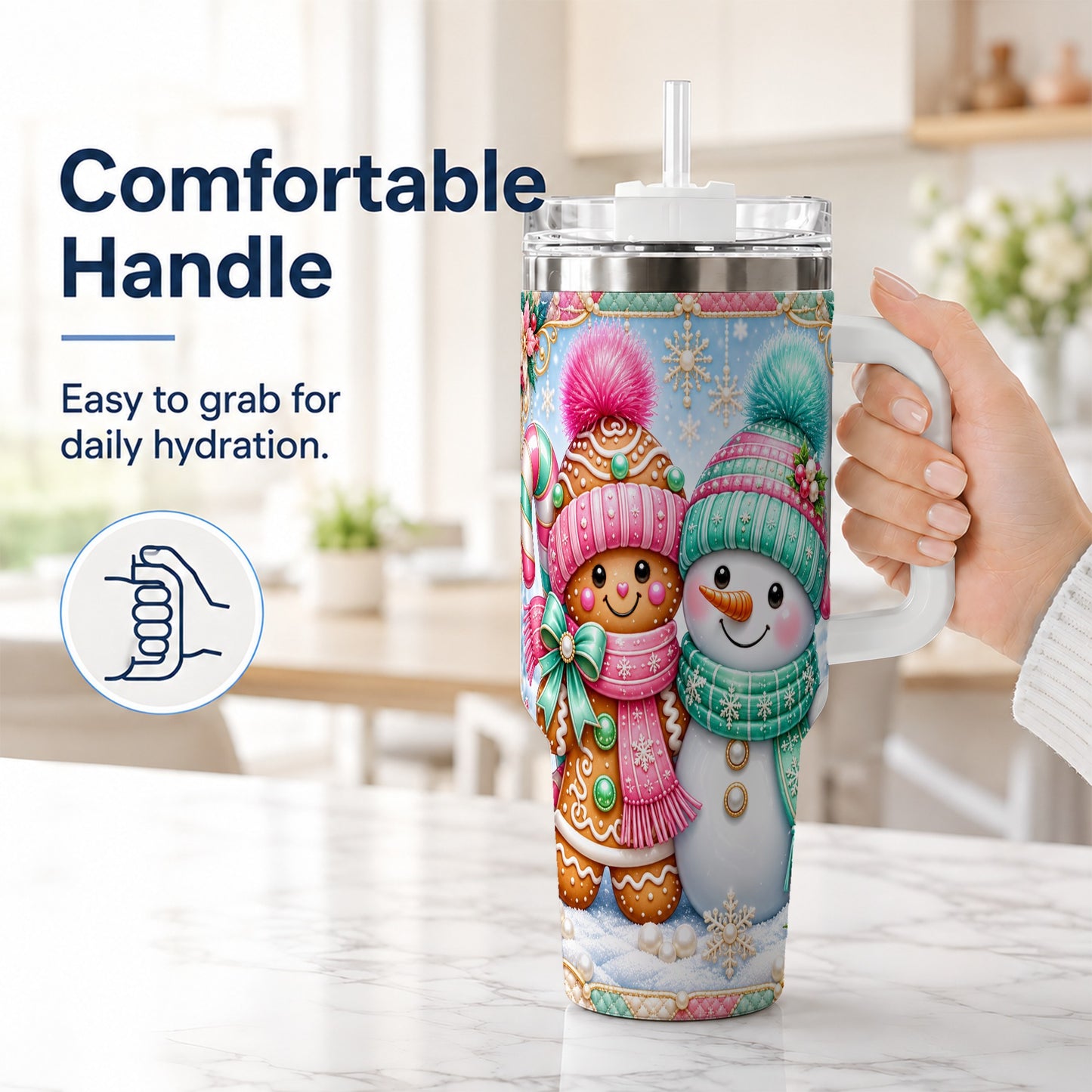 #pl[40oz|White] Gingerbread Snowman 40oz Tumbler with Handle, Pastel Winter Travel Cup