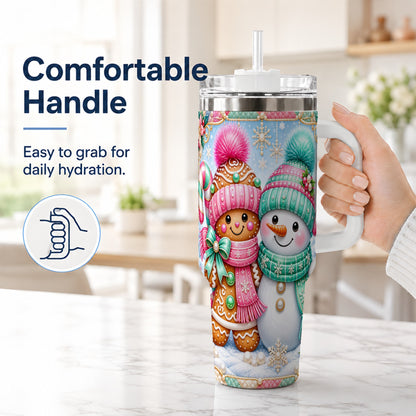 #pl[40oz|White] Gingerbread Snowman 40oz Tumbler with Handle, Pastel Winter Travel Cup