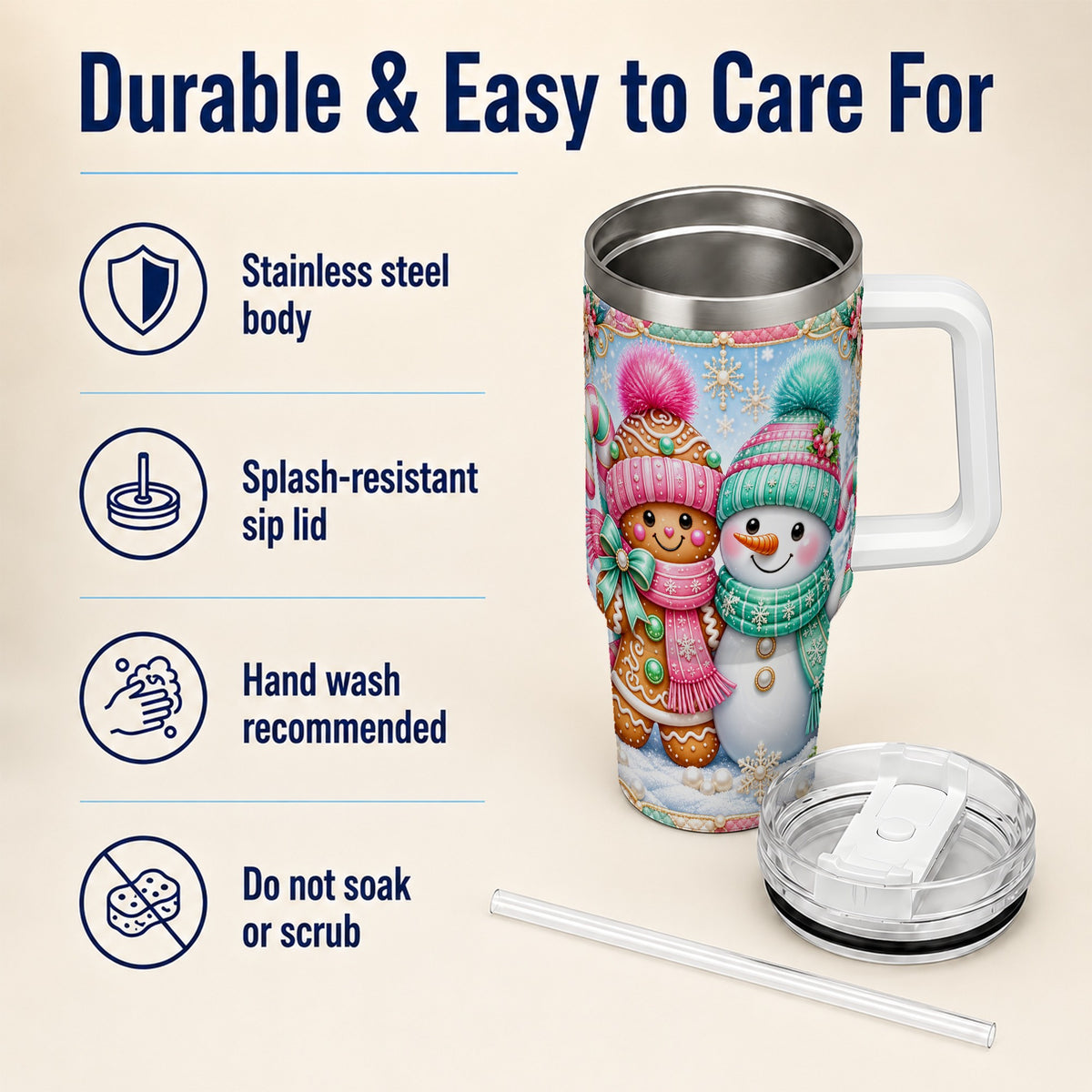 #pl[40oz|White] Gingerbread Snowman 40oz Tumbler with Handle, Pastel Winter Travel Cup