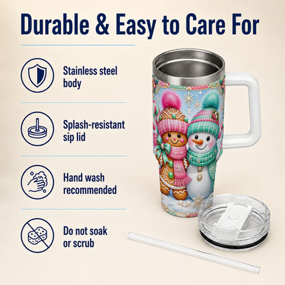 #pl[40oz|White] Gingerbread Snowman 40oz Tumbler with Handle, Pastel Winter Travel Cup