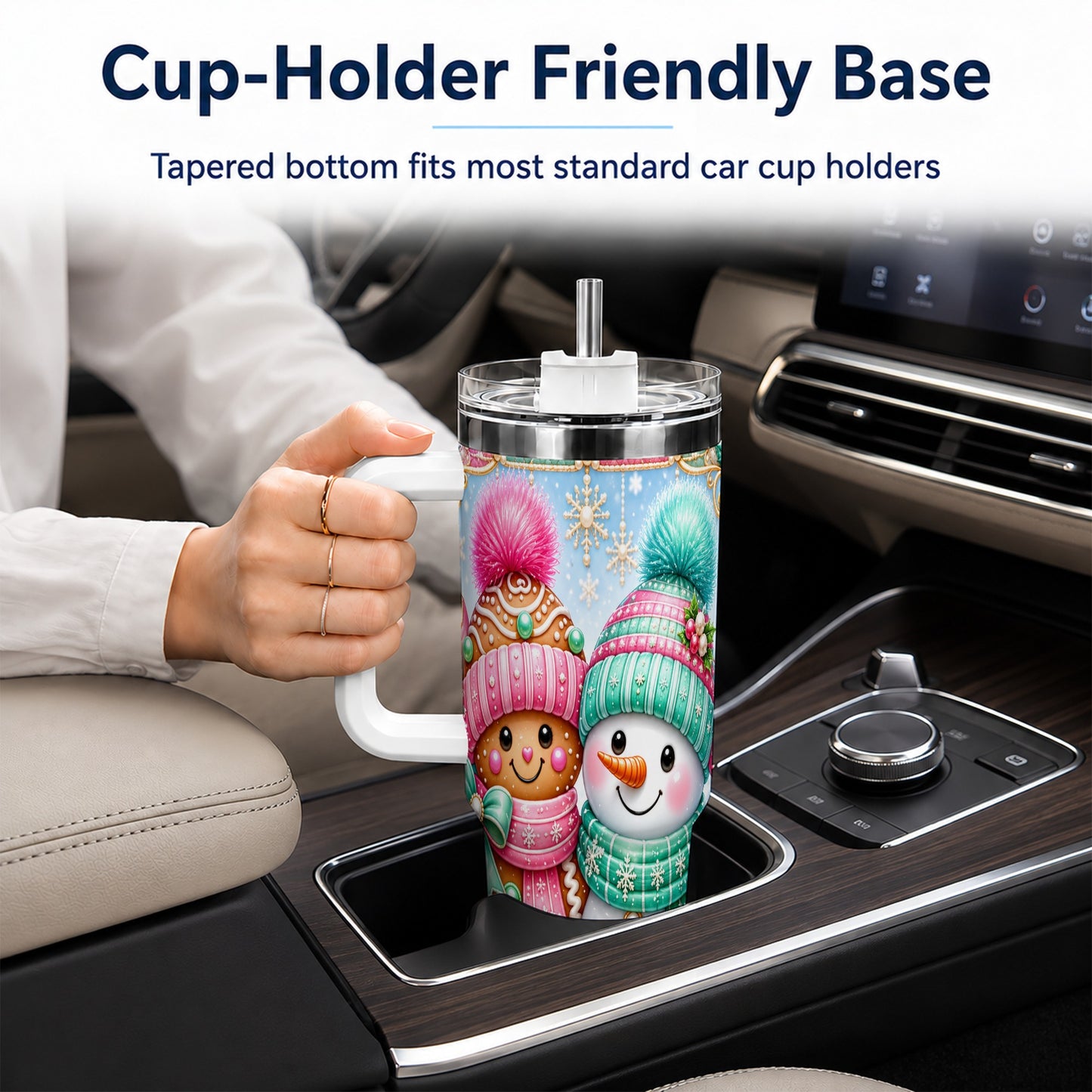 #pl[40oz|White] Gingerbread Snowman 40oz Tumbler with Handle, Pastel Winter Travel Cup