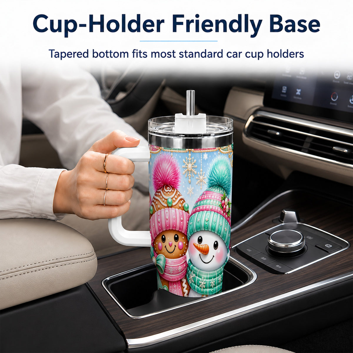 #pl[40oz|White] Gingerbread Snowman 40oz Tumbler with Handle, Pastel Winter Travel Cup