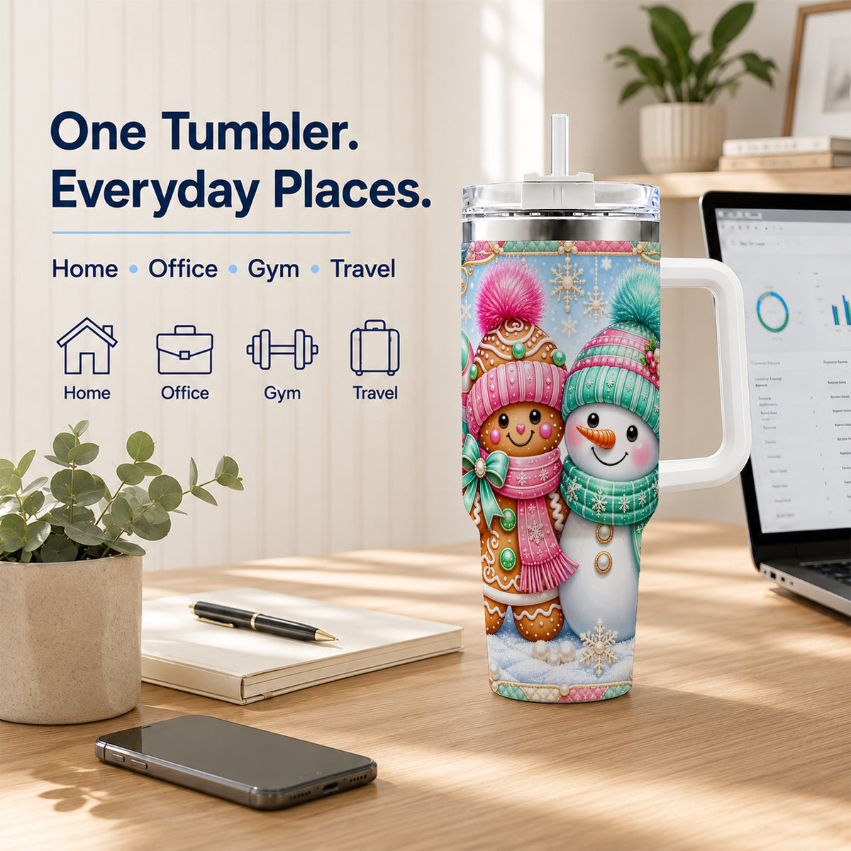 #pl[40oz|White] Gingerbread Snowman 40oz Tumbler with Handle, Pastel Winter Travel Cup